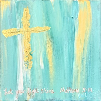 Vibrant teal and gold abstract square painting with a bold textured gold cross and the hand-painted verse: "Let your light shine. Matthew 5:14."