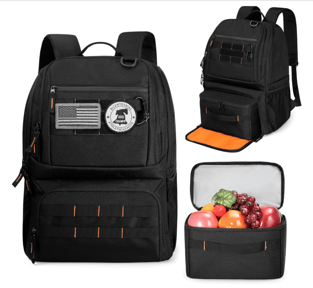 Black insulated cooler backpack with lunch compartment